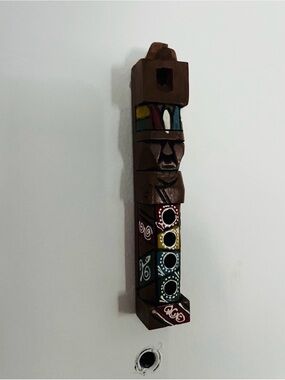 Handcrafted Peruvian Brown Wood Totem Sculpture Whistle with Multicolor Accents